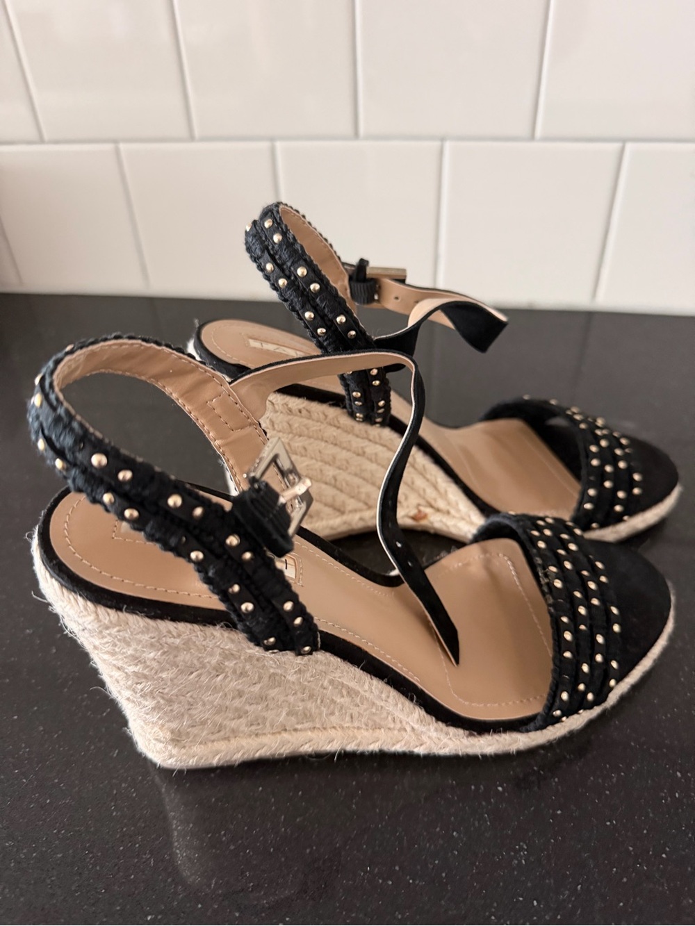 Tahari Black Studded Espadrille Wedge Sandals